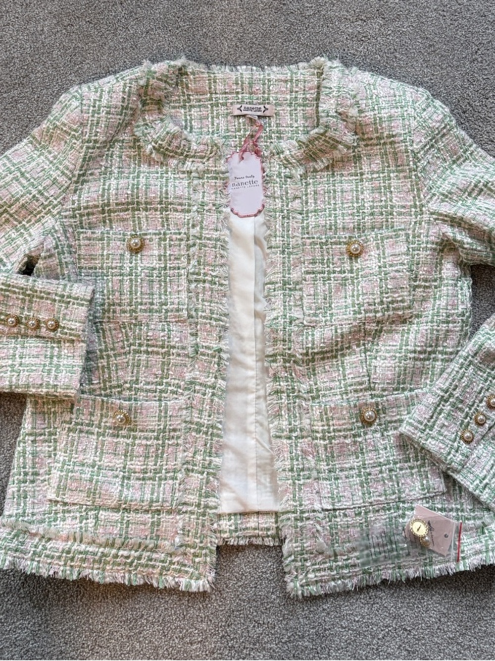 NWT (M) “nanette” Tweed Jacket – Light Green, Pink & White.